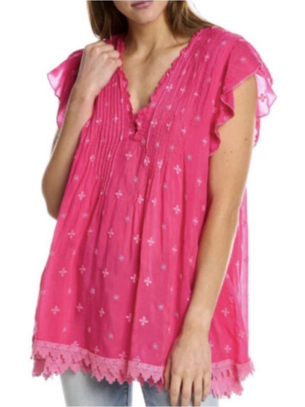 Johnny Was Athena pleated eyelet baby doll top pink READ DESC. - Picture 2 of 5